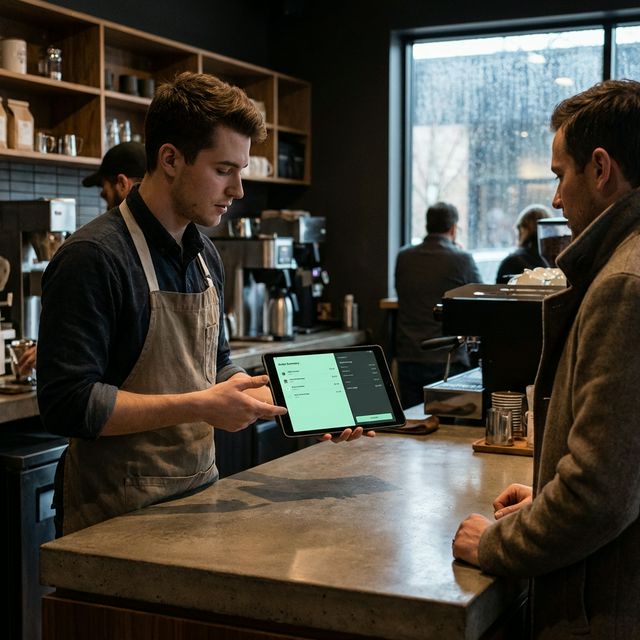 Un joven barista interactuando fluidamente con un terminal POS